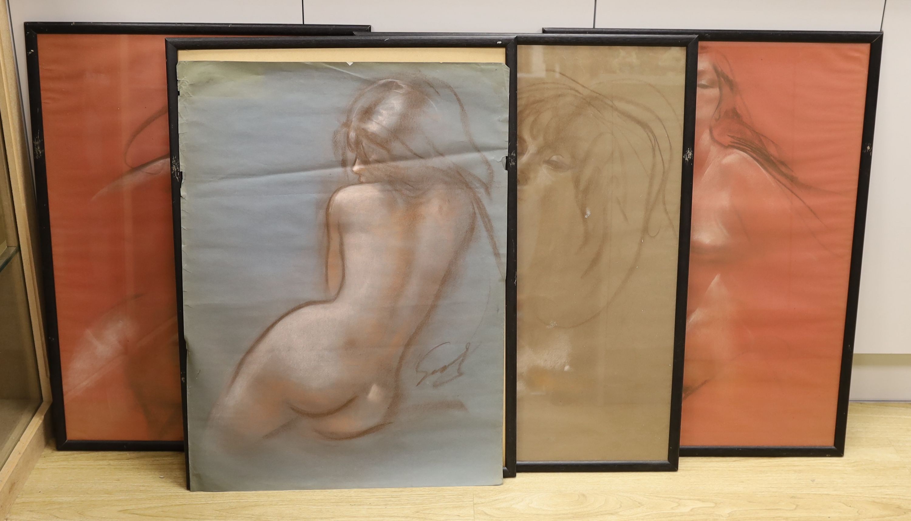 Modern British, set of four pastels, Female nudes, initialled, 76 x 55cm